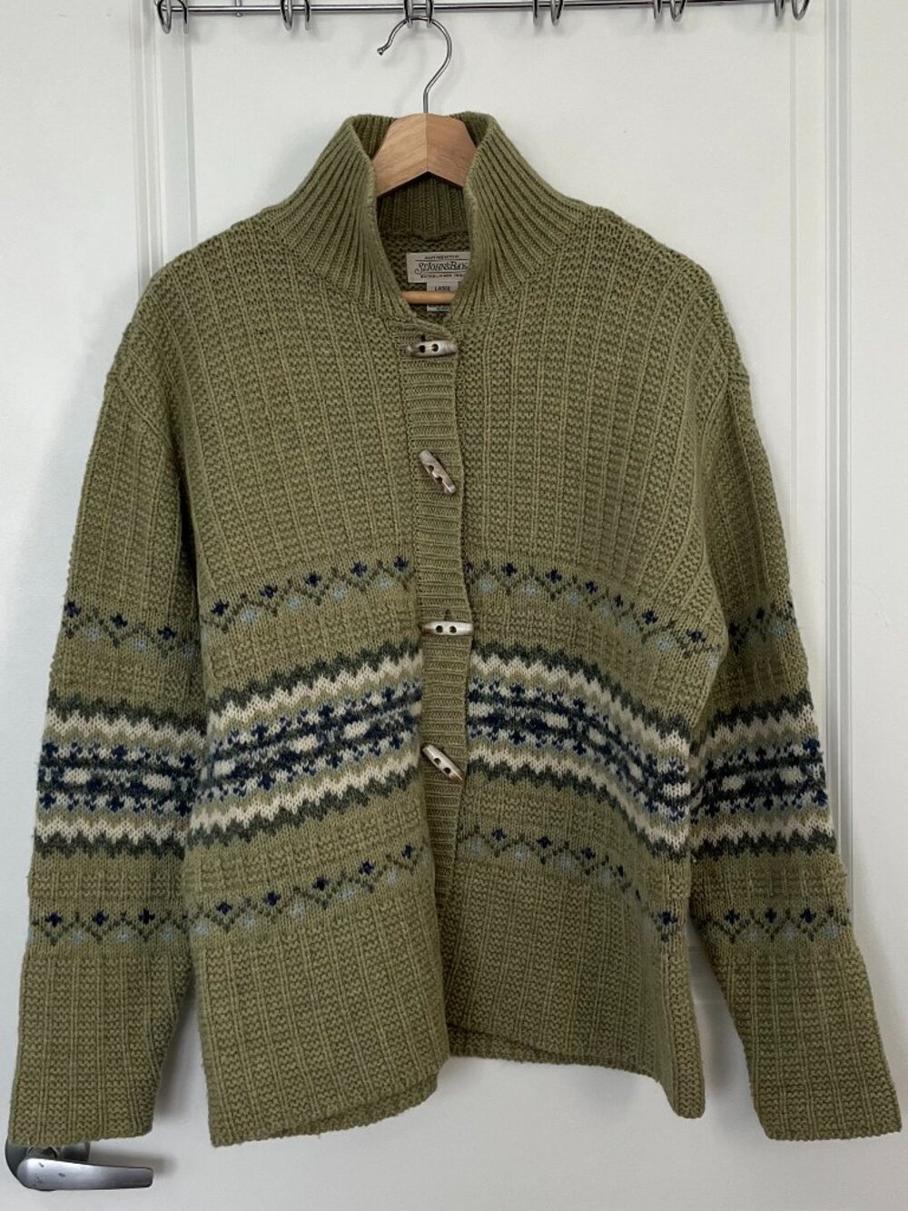 Women's Vintage Fisherman Sweater, Olive Green, Size Large, 100% Wool